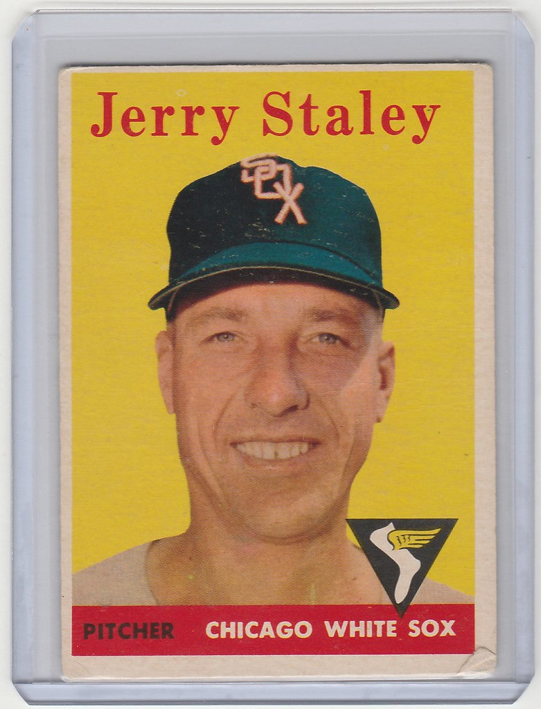 Vintage 1958 Topps #412 Jerry Staley Chicago White Sox card on yellow background