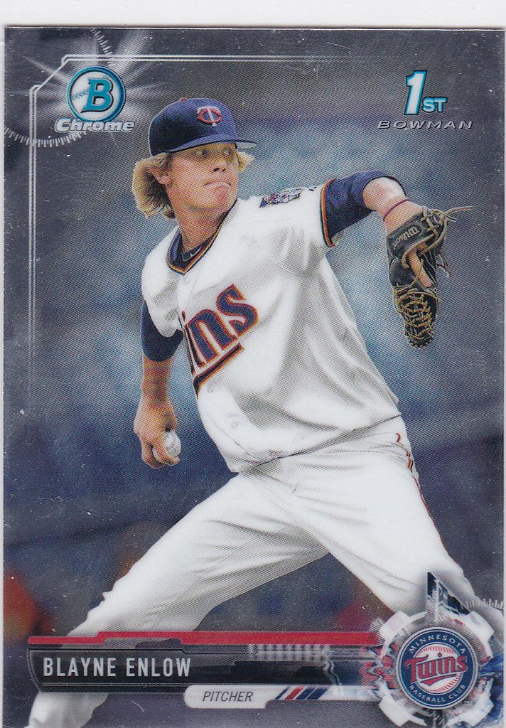 Baseball player Blayne Enlow mid-pitch on 2017 Bowman Chrome Minnesota Twins card