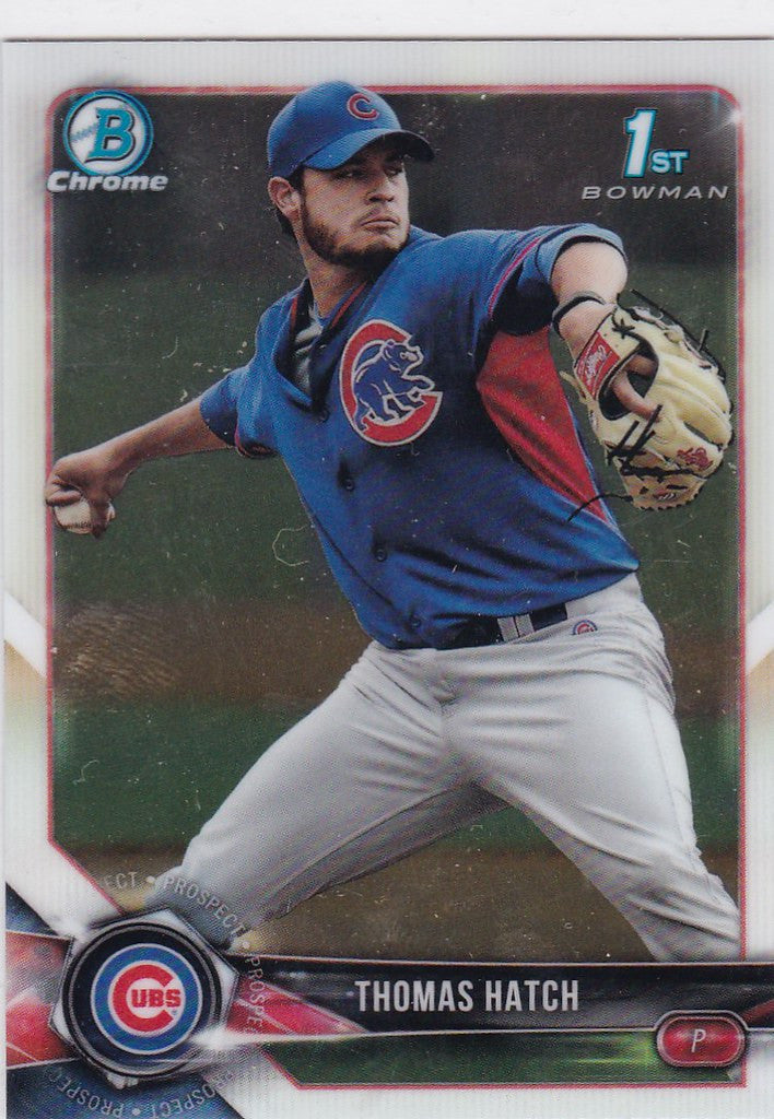 Baseball card of Thomas Hatch Chicago Cubs pitcher in mid-throw, Bowman Chrome collectible