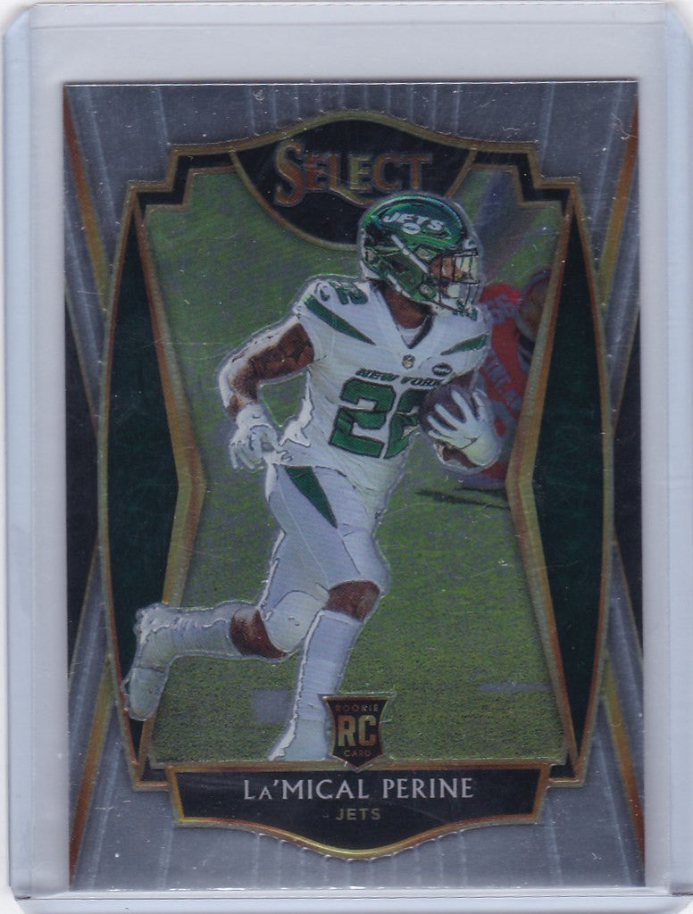 Football trading card of LaMical Perine in white uniform for Panini Select New York Jets