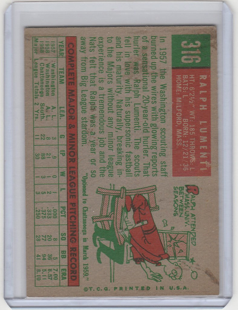 Vintage baseball card featuring Ralph Lumenti Washington Senators EXMT with player stats