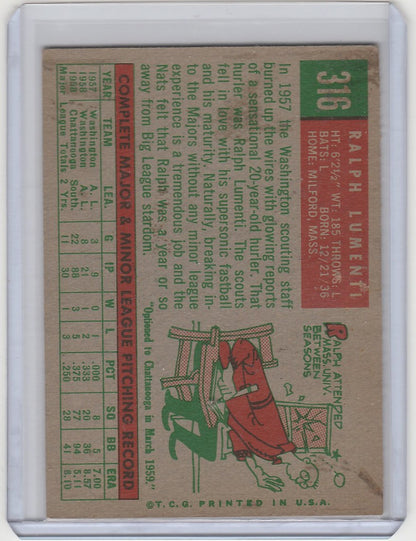 Vintage baseball card featuring Ralph Lumenti Washington Senators EXMT with player stats