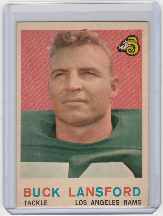 Vintage Los Angeles Rams football card featuring Buck Lansford against a pink and green background