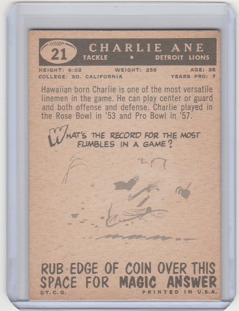 Vintage Charlie Ane Detroit Lions trading card 1959 Topps EXMT condition