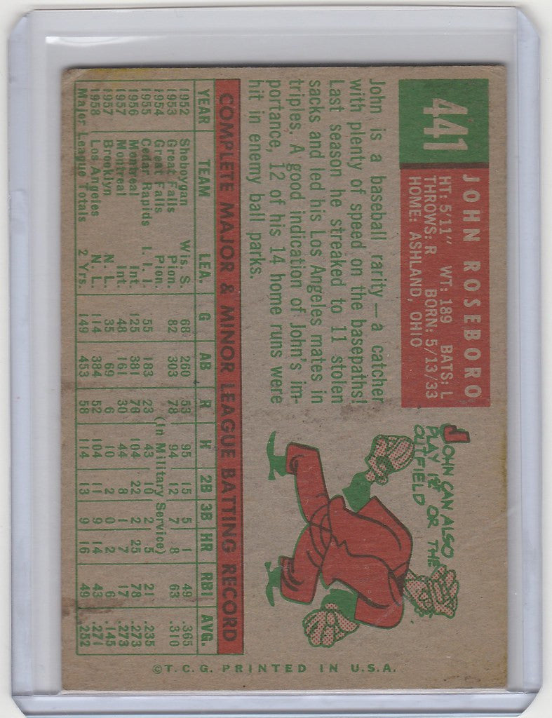 Vintage 1959 Topps #441 John Roseboro Los Angeles Dodgers baseball card illustration