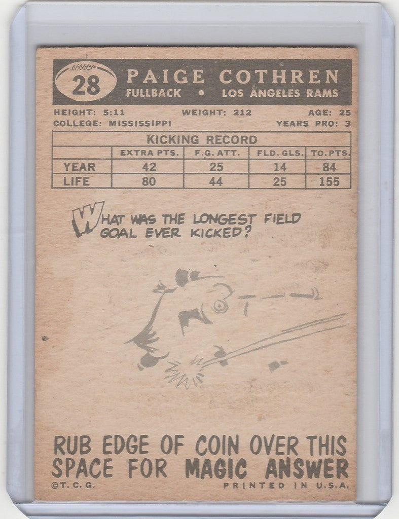 Vintage 1959 Topps trading card featuring Paige Cothren Los Angeles Rams statistics and trivia