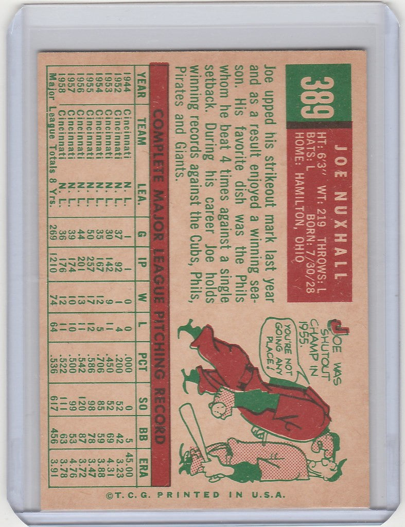 Vintage baseball card of Joe Nuxhall Cincinnati Redlegs with player stats and cartoon art