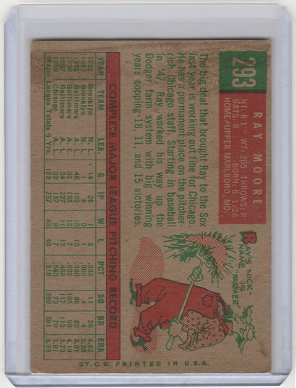 Vintage 1959 Topps Ray Moore Chicago White Sox card with elephant illustration and stats