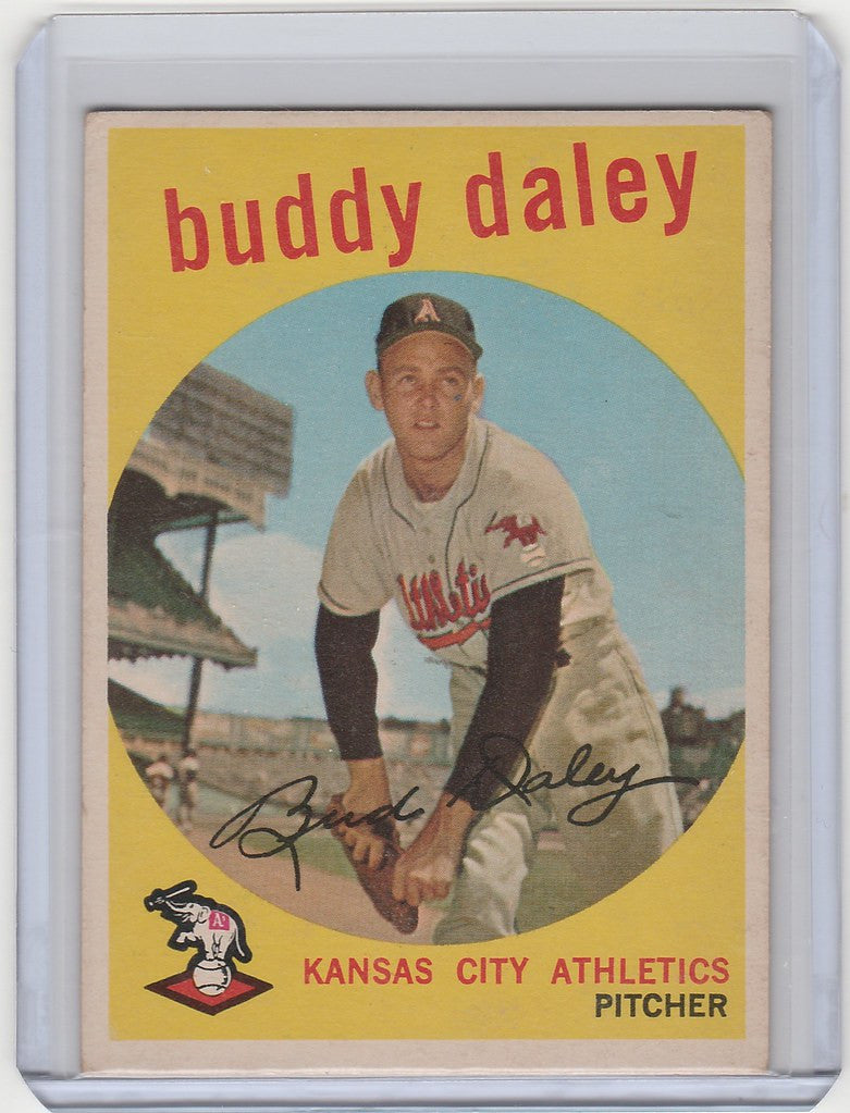 Vintage baseball card of Buddy Daley Kansas City Athletics pitcher from 1959 Topps