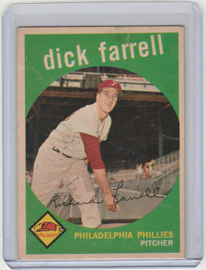 Vintage 1959 Topps Dick Farrell Philadelphia Phillies card with pitcher in throwing stance