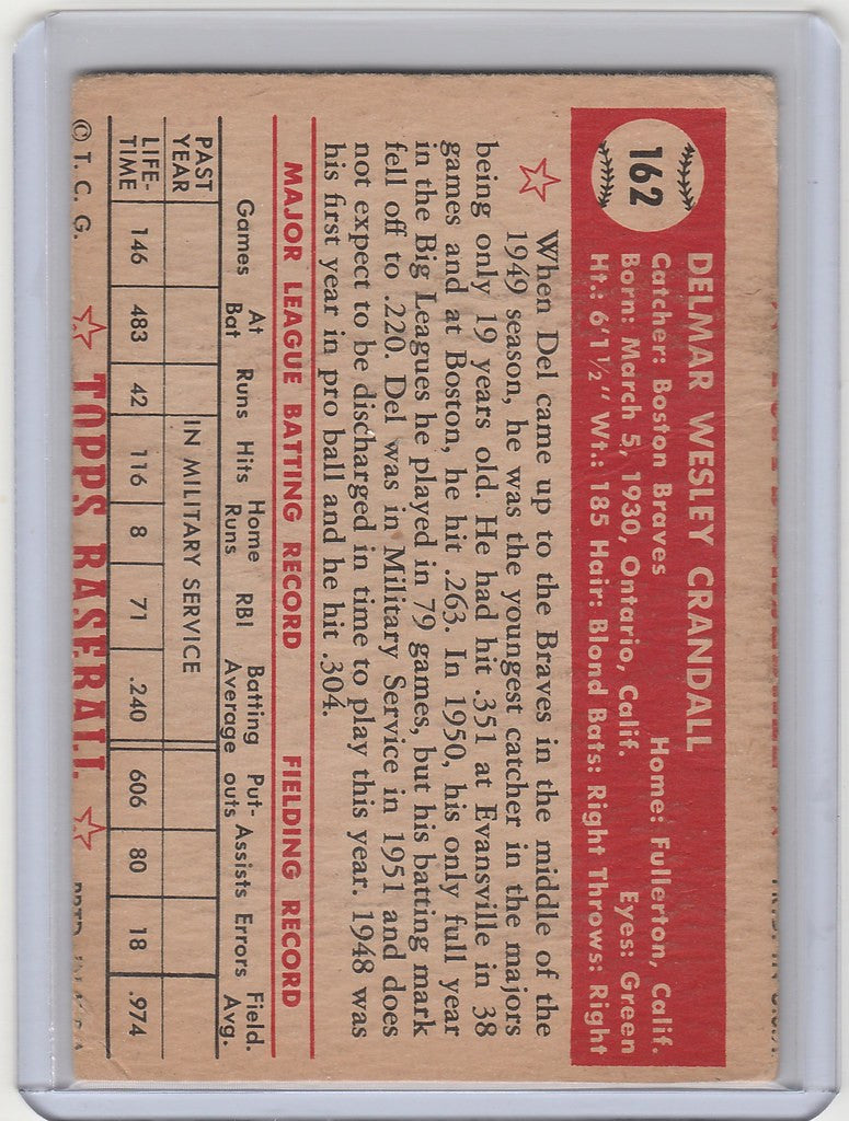 Vintage 1952 Topps #162 Del Crandall Milwaukee Braves card with player stats and bio