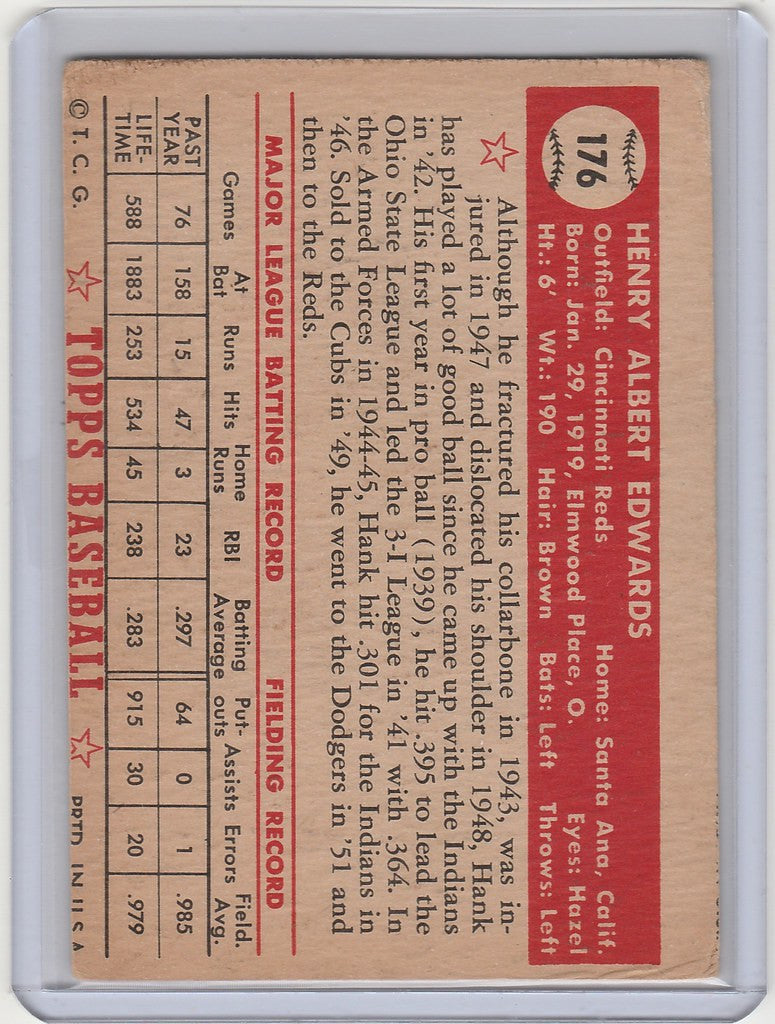 Vintage 1952 Topps #176 Hank Edwards Cincinnati Reds baseball card with player stats