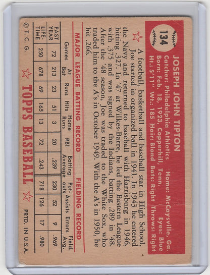 Vintage 1952 Topps #134 Joe Tipton Philadelphia Athletics baseball card with player stats