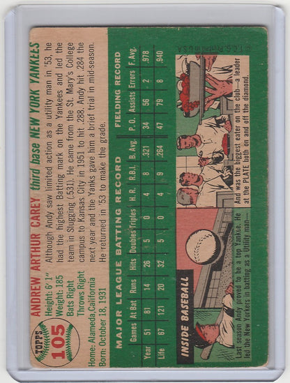 Vintage Baseball Card of Andy Carey, New York Yankees VGEX with player stats and illustration