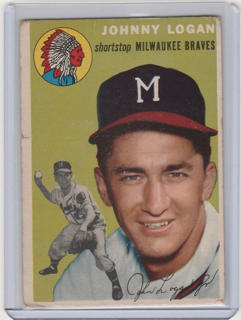 Vintage 1954 Topps Johnny Logan Milwaukee Braves card with Native American logo, VGEX