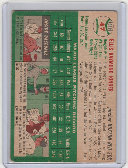 Vintage 1954 Topps trading card of Ellis Kinder Boston Red Sox with player stats