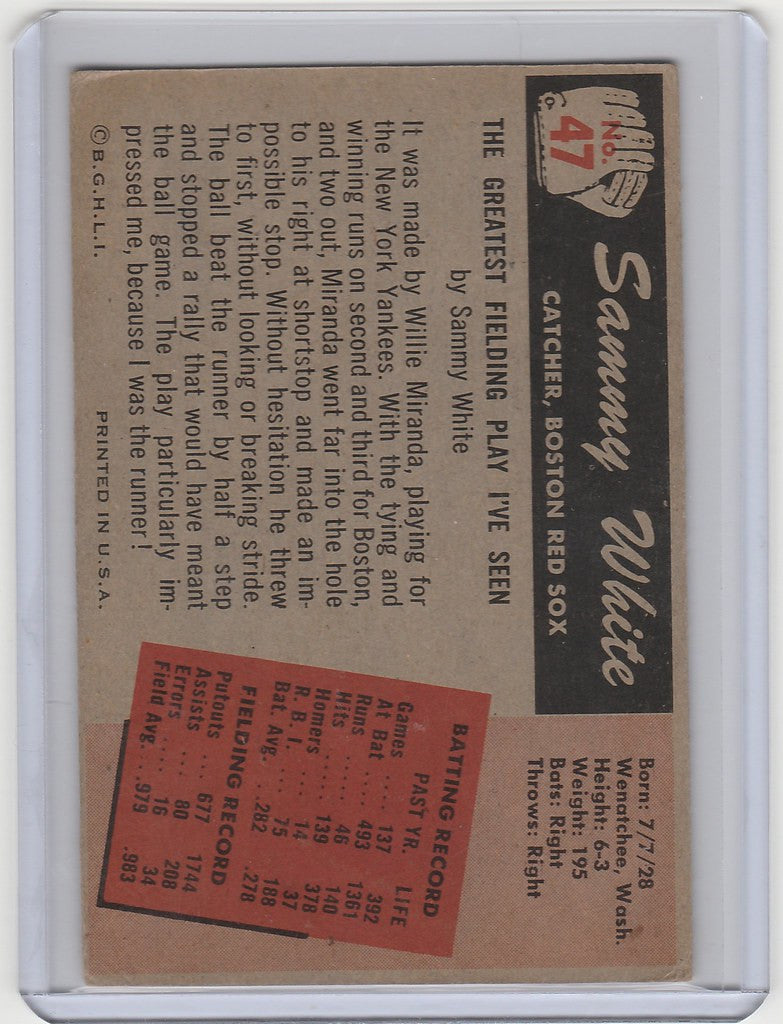 Vintage 1955 Bowman #47 Sammy White Boston Red Sox card with player stats and biography