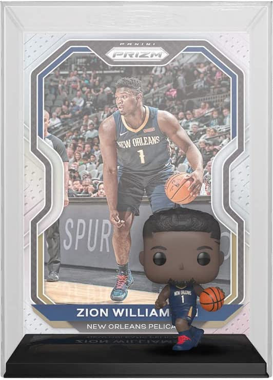 Basketball trading card and Funko Pop figurine of Zion Williamson, New Orleans Pelicans