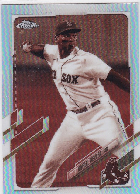 Baseball player Rafael Devers in a Red Sox uniform on a 2021 Topps Chrome Sepia card