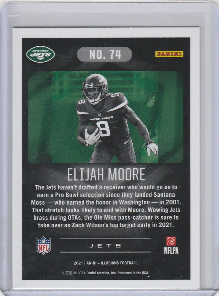 Football trading card of Elijah Moore in dark New York Jets uniform from Panini Illusions