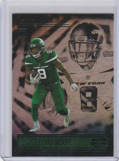 Football trading card of Elijah Moore in green uniform, 2021 Panini Illusions, New York Jets