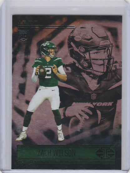 Football trading card of Zach Wilson in a green jersey from Panini Illusions New York Jets