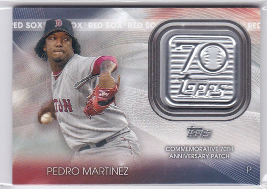 Baseball card of Pedro Martinez mid-throw in Boston Red Sox uniform with logo patch