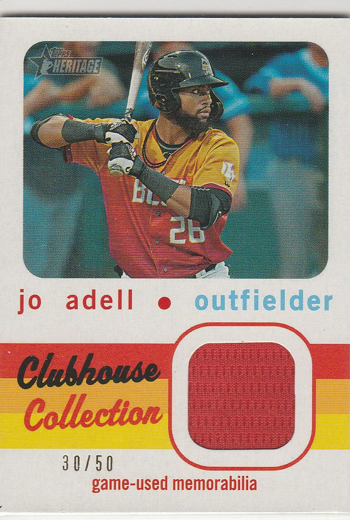 Baseball trading card of Relic Jo Adell in yellow and red uniform from Topps Heritage Minor