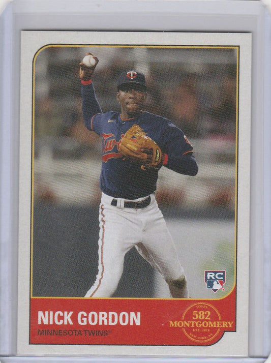 Baseball card of Nick Gordon Minnesota Twins pitcher in mid-throw from Topps Montgomery set