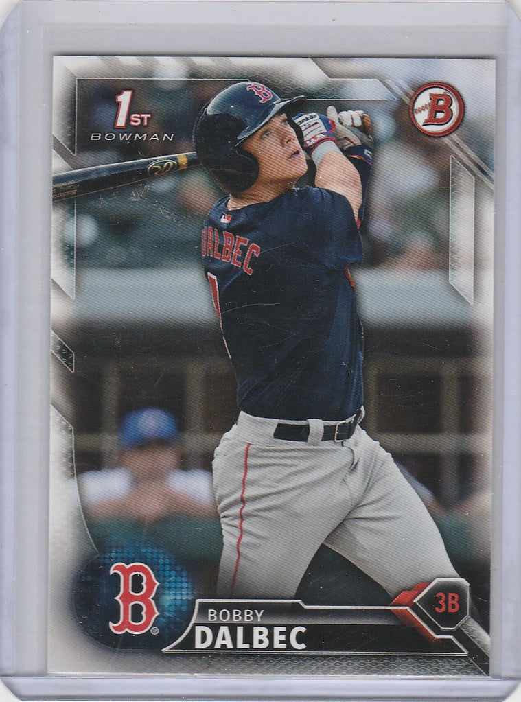 Baseball card of Bobby Dalbec swinging bat, 2016 Bowman Draft BP99 Boston Red Sox