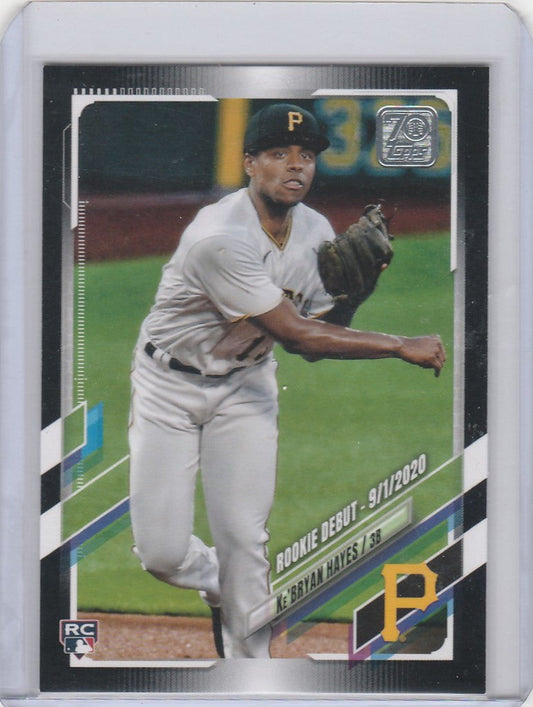 Baseball card of Ke’Bryan Hayes in mid-throwing for Topps Update Black 31/70