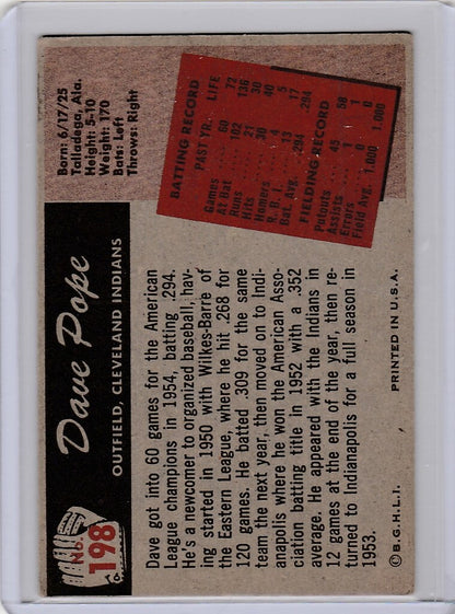 Vintage 1955 Bowman Dave Pope Cleveland Indians baseball card with stats and bio VGEX