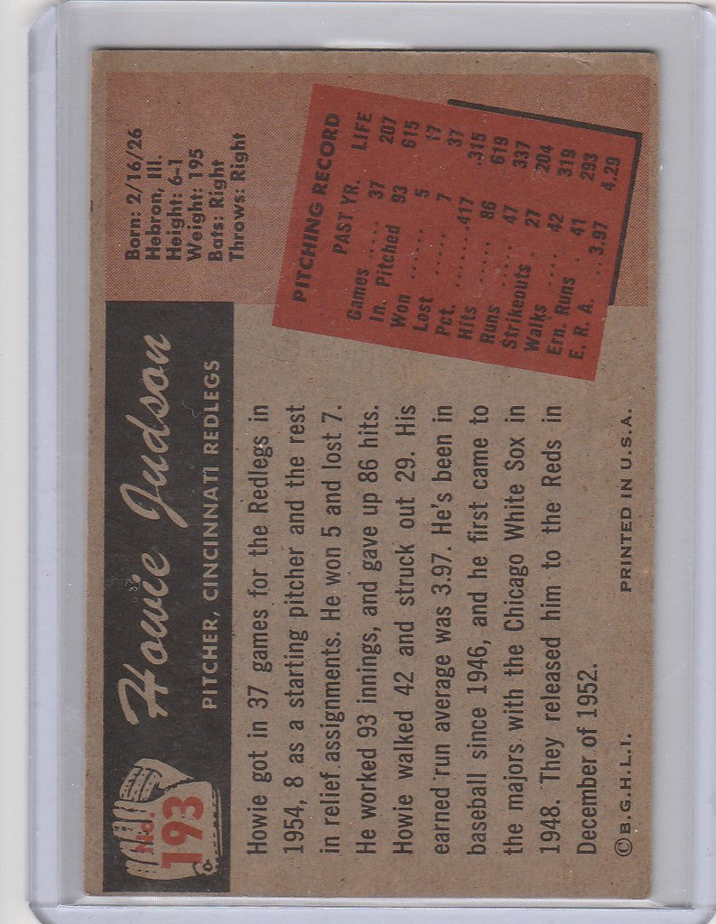 Vintage 1955 Bowman #193 Howie Judson Cincinnati Reds baseball card with stats and bio