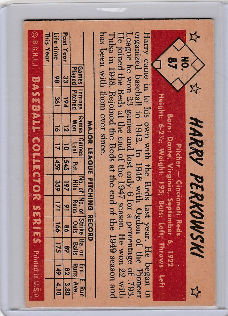 Vintage 1954 Bowman #87 Harry Perkowski Cincinnati Reds EXMT baseball card details