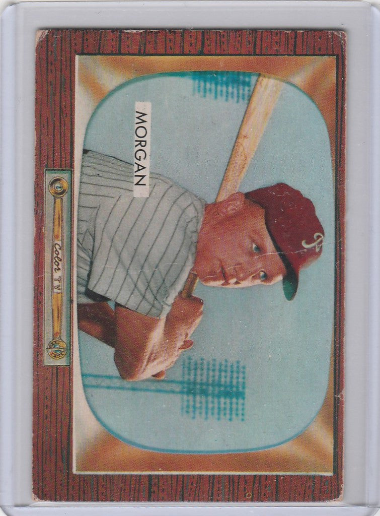 Baseball card of Bob Morgan Philadelphia Phillies in pinstriped uniform and red cap