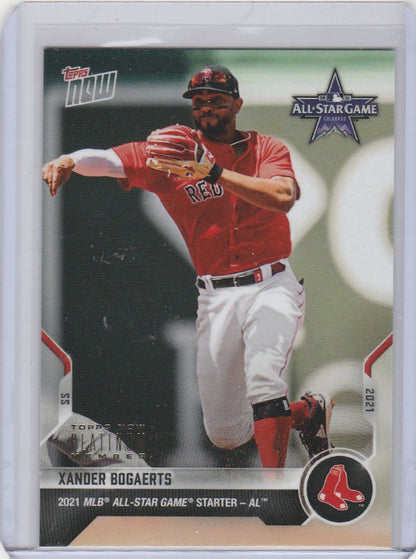 Baseball card of Xander Bogaerts Boston Red Sox in throwing motion, 2021 Topps Now