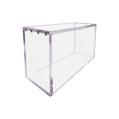 Clear acrylic display case for gathering booster boxes with metal edges and optional rubber feet