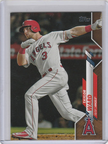 Baseball card of Taylor Ward swinging bat in Topps Gold Los Angeles Angels uniform