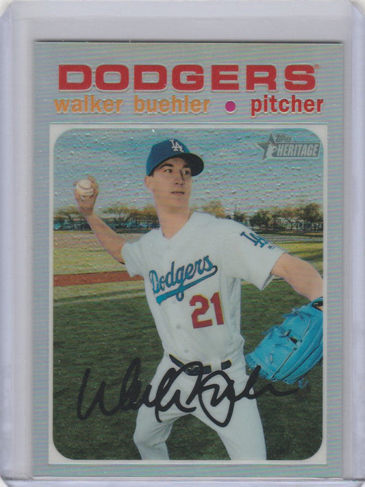 Baseball card of Walker Buehler Los Angeles Dodgers in white uniform Topps Heritage Chrome