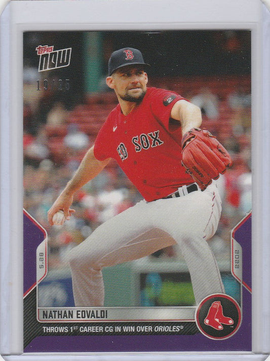 Baseball card of Nathan Edvaldi Boston Red Sox in mid-throwing motion 19/25