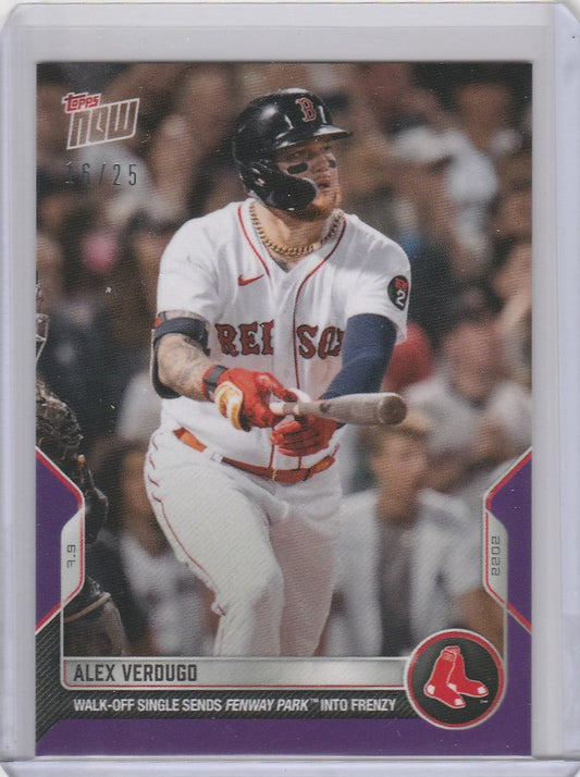 Baseball card of Alex Verdugo Boston Red Sox player at bat in 2022 Topps Now Parallel