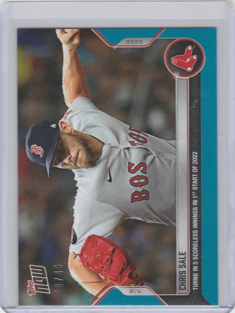 Baseball card of Chris Sale Boston Red Sox pitcher mid-throw from 2022 Topps Now Parallel