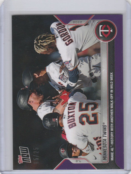 Minnesota Twins players celebrating on 2022 Topps Now Parallel #455 baseball trading card