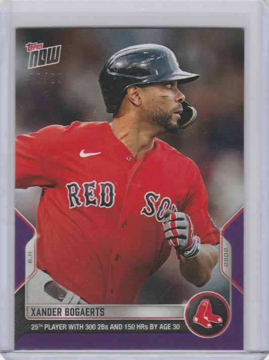 Baseball card of Xander Bogaerts in a red Boston Red Sox jersey at bat