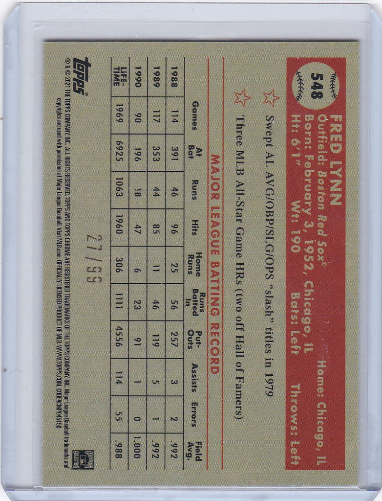 Baseball card of Fred Lynn Green showcasing Tops Chrome Platinum stats for Boston Red Sox