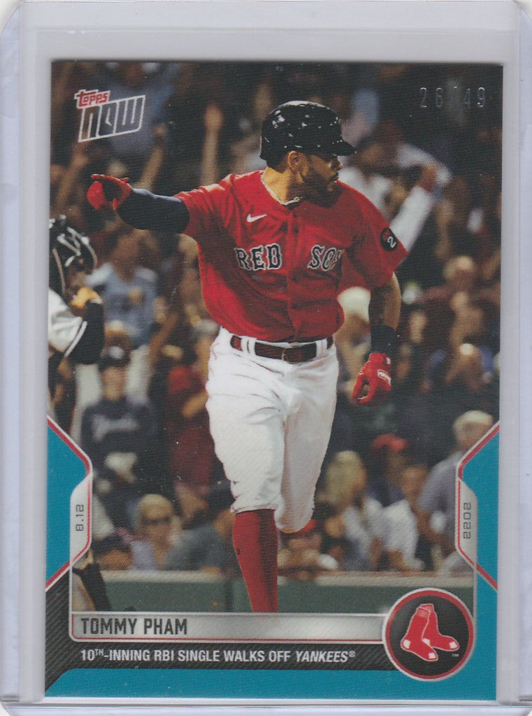 Baseball card of Tommy Pham in red uniform for Boston Red Sox, 26/49 parallel