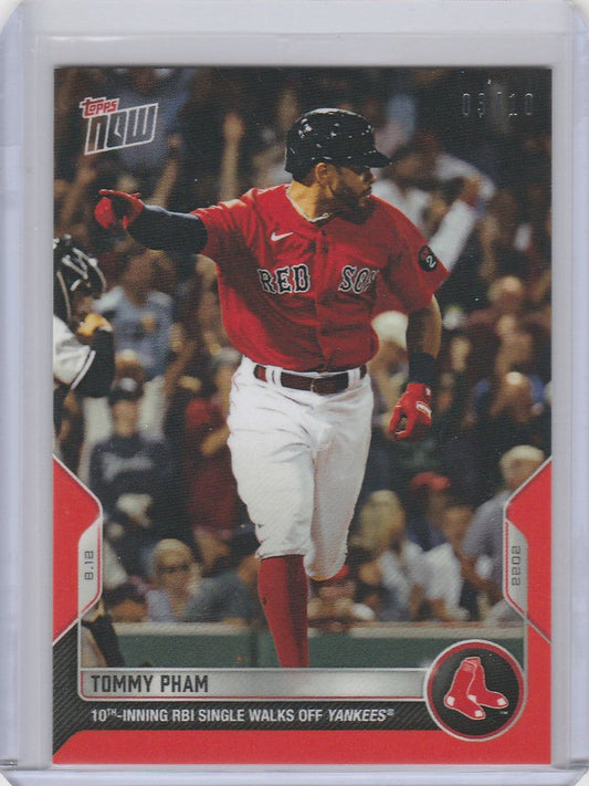 Baseball card of Tommy Pham Boston Red Sox in batting stance, 2022 Topps Now Parallel