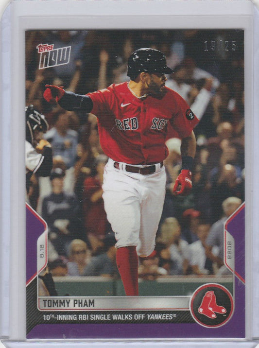 Baseball card of Tommy Pham celebrating in a Boston Red Sox jersey after hitting