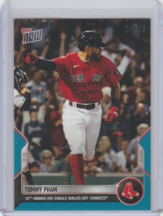 Baseball card of Tommy Pham Boston Red Sox player mid-swing from 2022 Topps Now