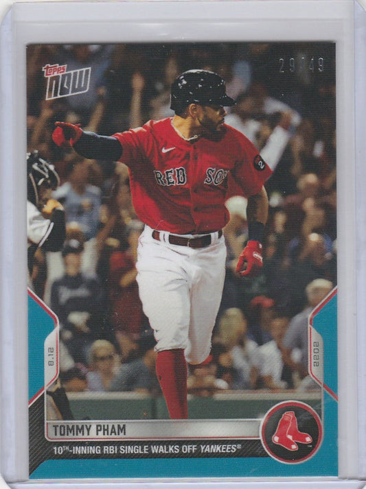 Baseball card of Tommy Pham batting for the Boston Red Sox 2022 Topps Now Parallel